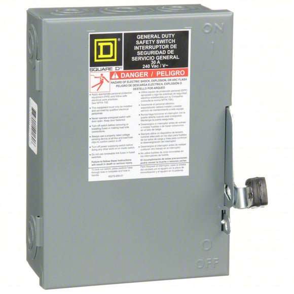 SQUARE D Safety Switch, Non-Fusible, 60 A, Three Phase, 240V AC, Indoor