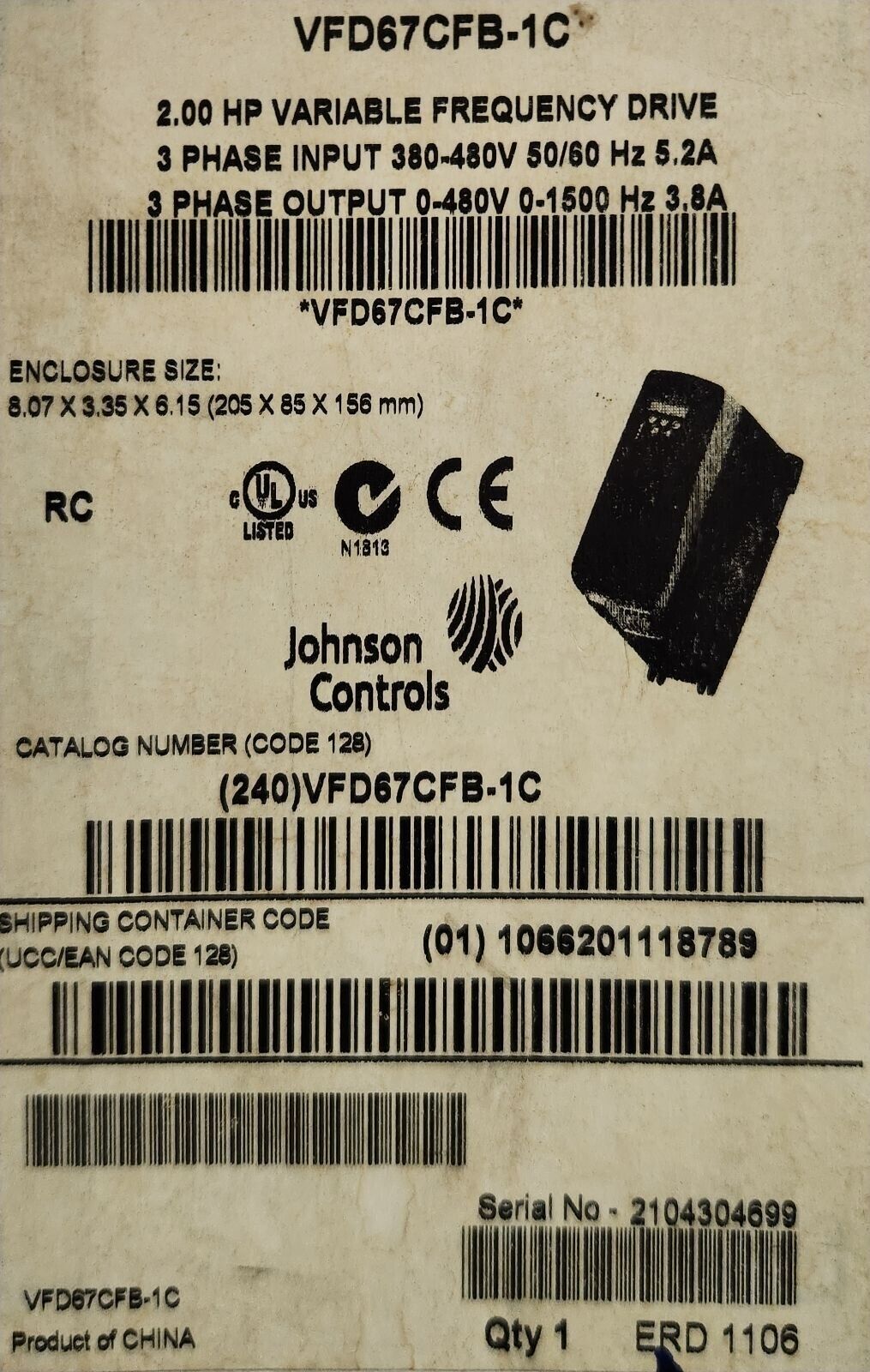 Johnson Control 2HP Variable Frequency Drive: 3 Phase Input 380-480V 50/60Hz 5.2A - VFD67CFB-1C