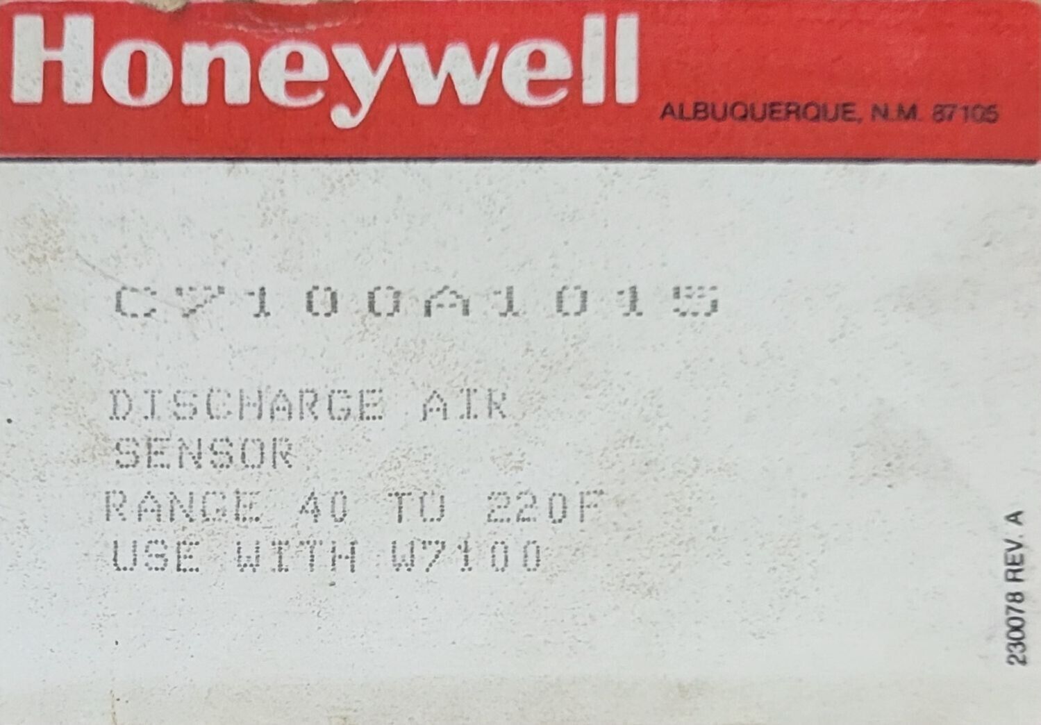 Honeywell Discharge Air Sensor C7100A1015
